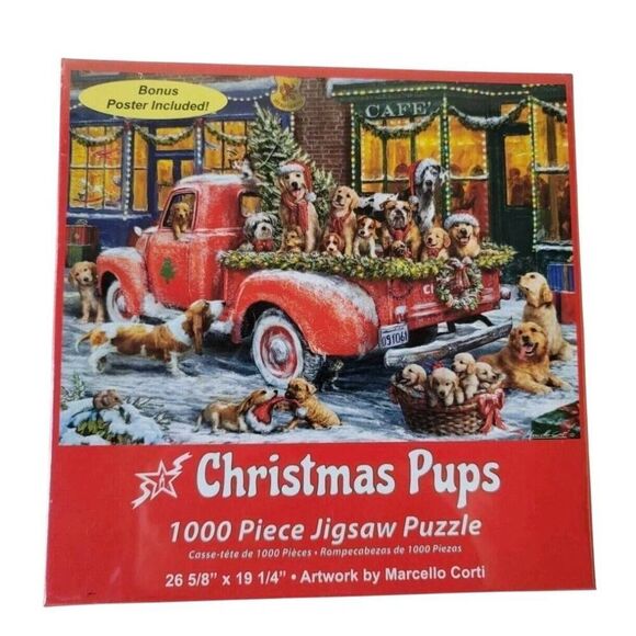 Vermont Christmas Co Christmas Pups by Marcello Corti 1000 pc Jigsaw Puzzle - Picture 1 of 8